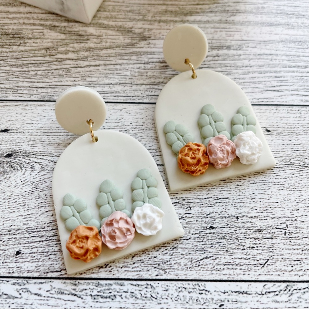 Pink, green and cream colored floral design polymer clay earrings dangle earring